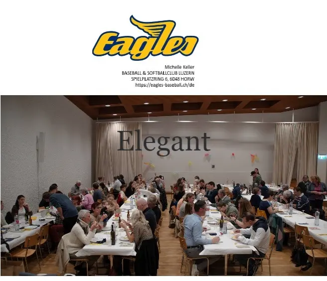 Gruppenveranstaltung des Eagles Baseball & Softball Club Luzern mit Gästen an langen Tischen, unterstützt von Coiffeur HAUPTSACHE
